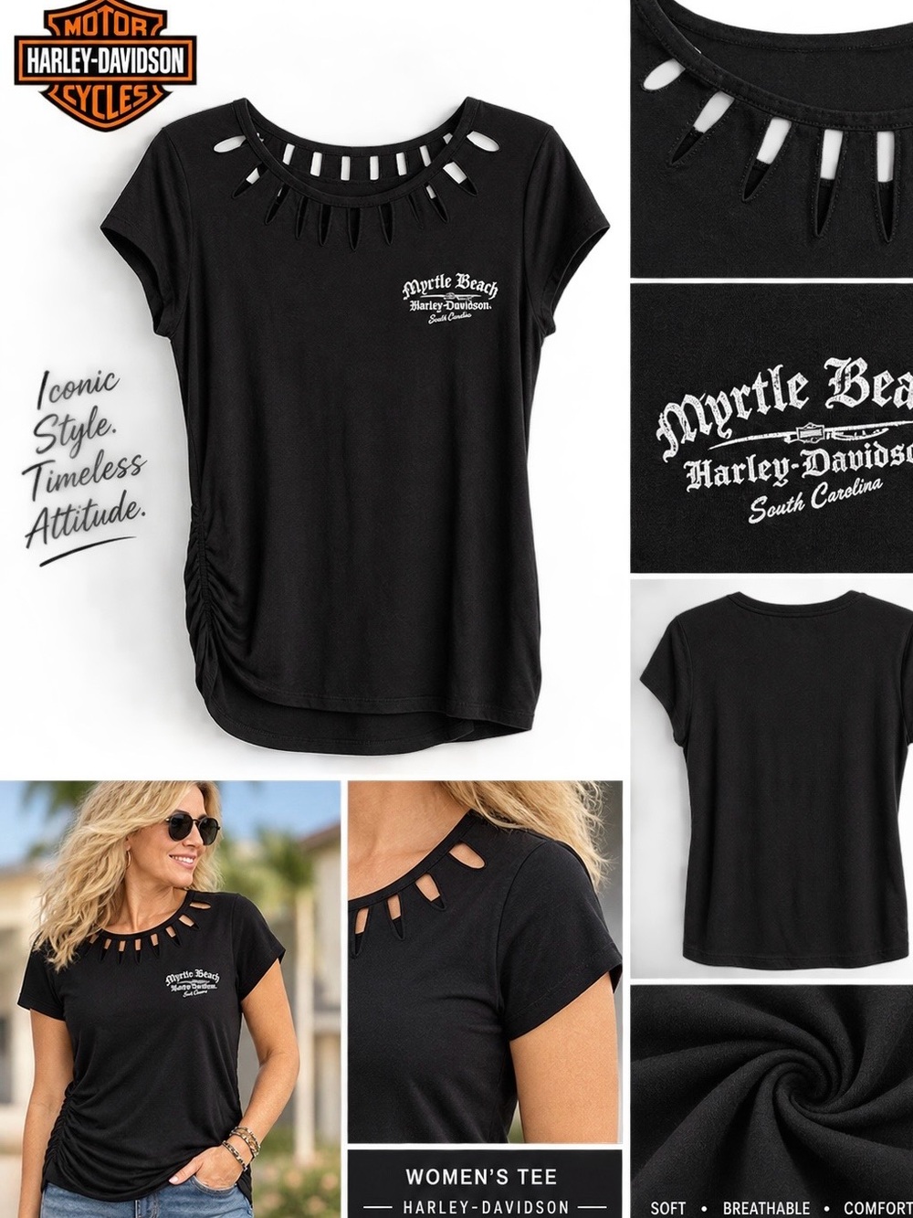 Harley-Davidson Black Myrtle Beach Cutout Short Sleeve Tee Laser Cut Fringe USA